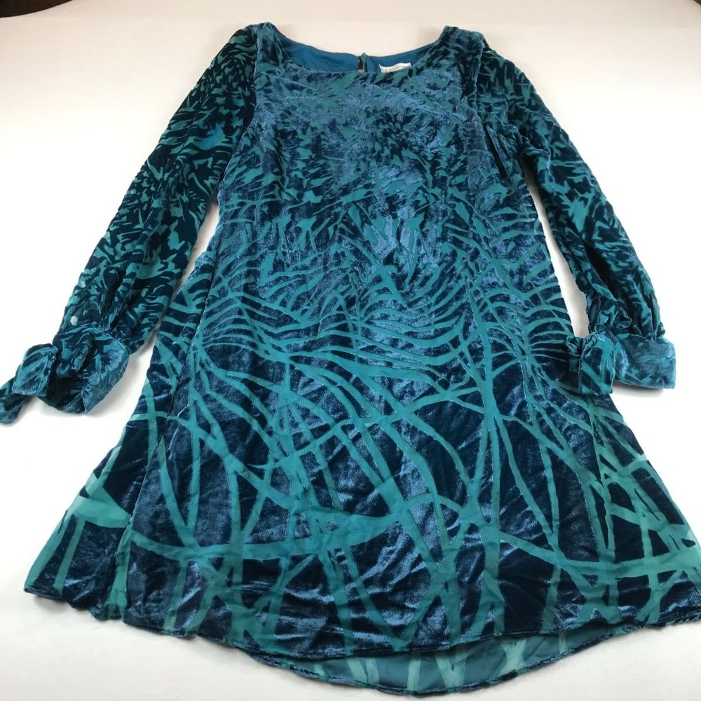 Neiman Marcus Shift Dress Size 14 Velvet Burnout Lined Tie Sleeves Keyhole Back